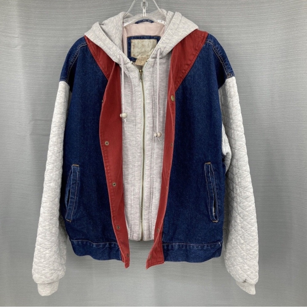 Vintage SYN Jeans Denim Bomber Jacket Mens Large Color Block Sweatshirt Hood